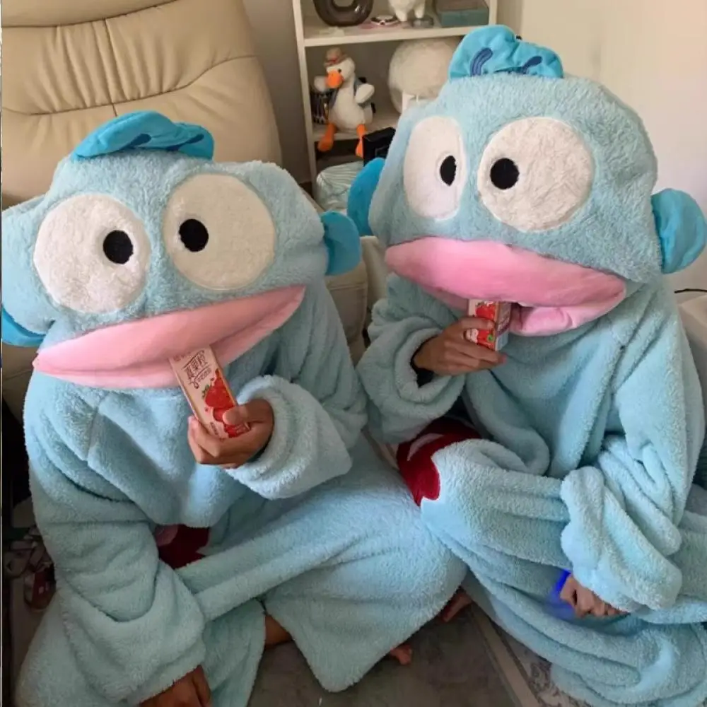 

Anime Hangyodon Men Women Plush Thickened One-Piece Pajamas Sanrio Winter Jumpsuits Homewear Kawaii Loose Casual Couple Pajamas