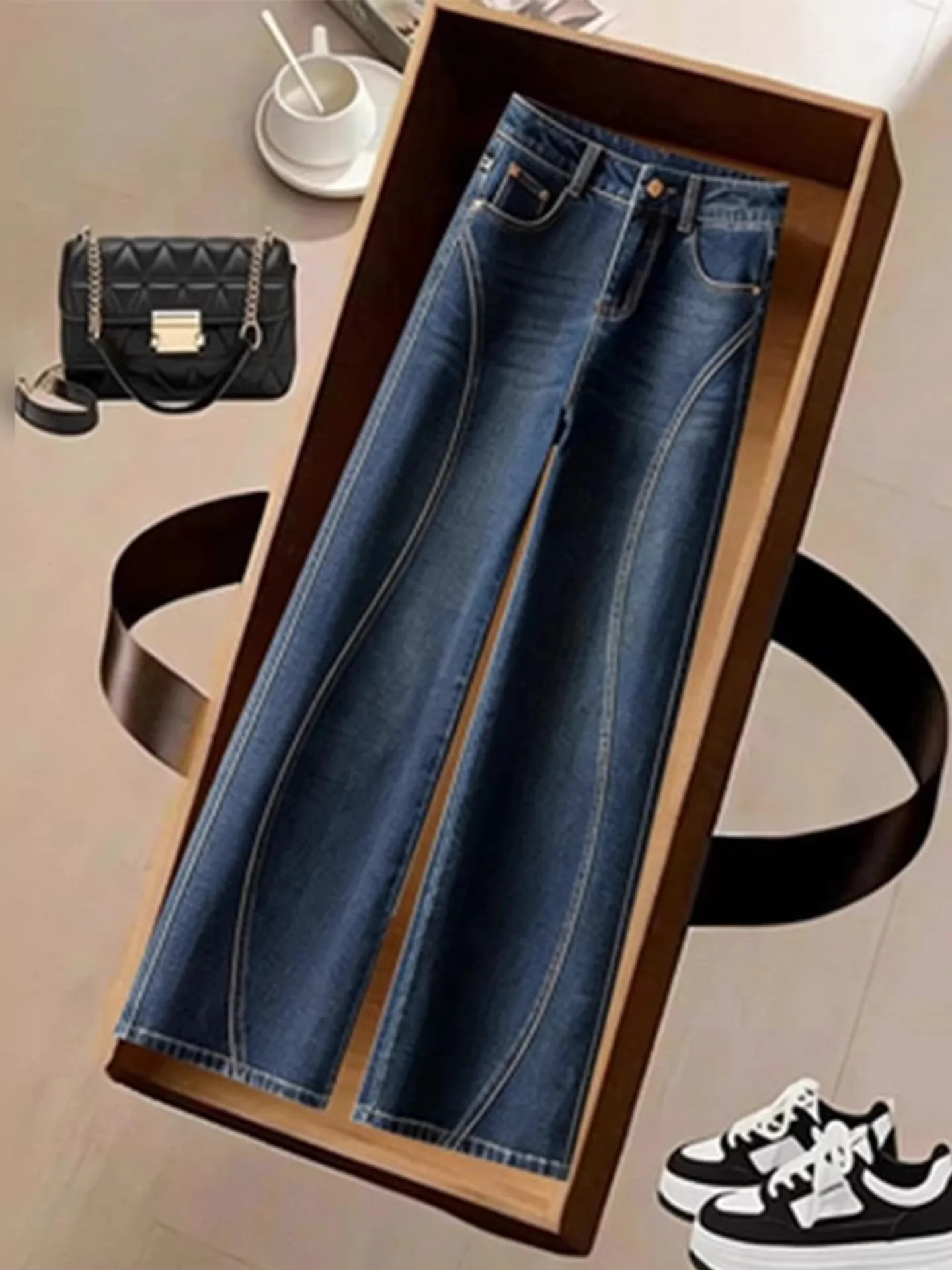 

High Waist Wide Leg Denim Jeans Women's Spring Autumn Winter Fce Lined Straight Cut Knife Slimming Loose Fit Jeans