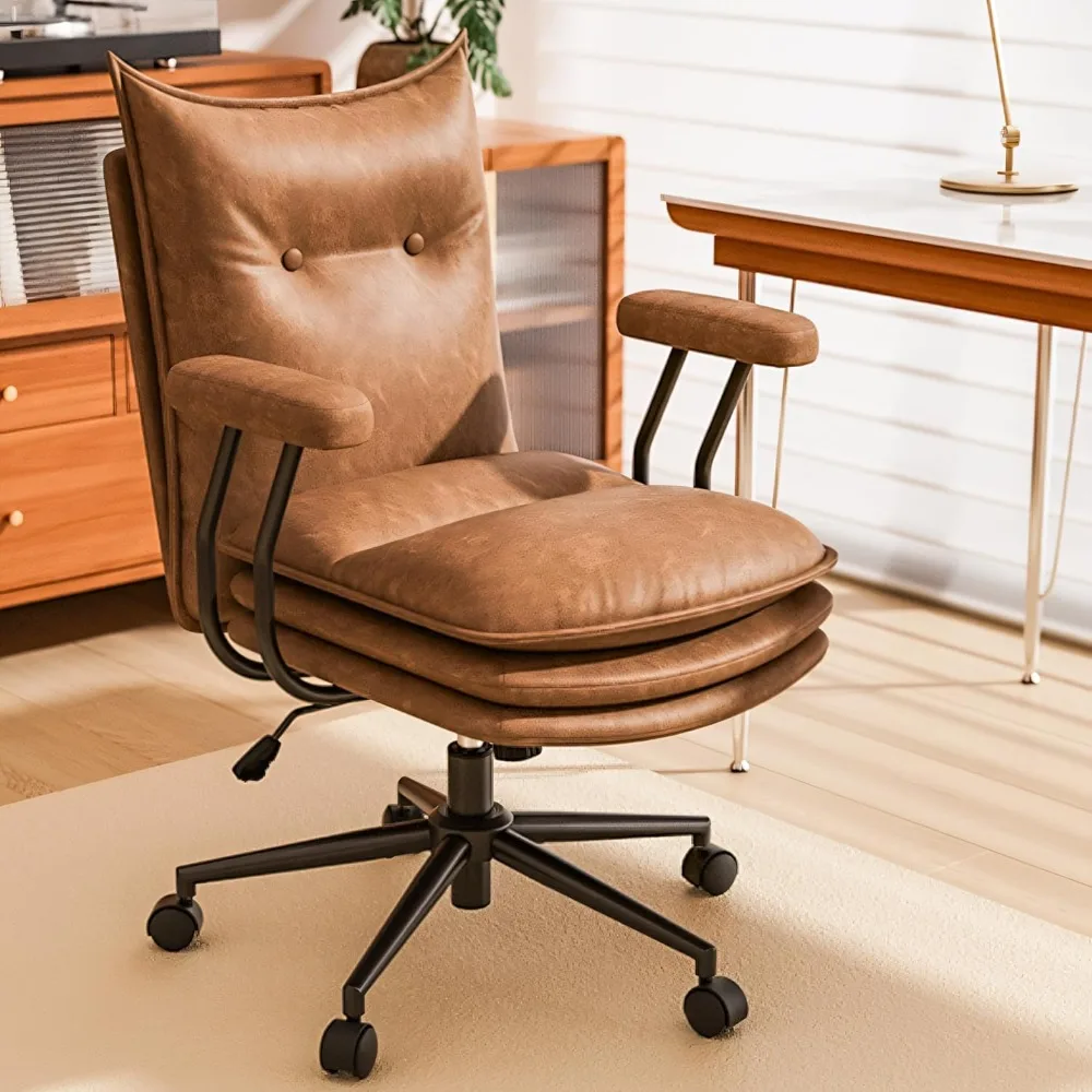 

ergonomic mid-century modern desk chair: adjustable height, triple-padded seat, brown leather with swivel wheels