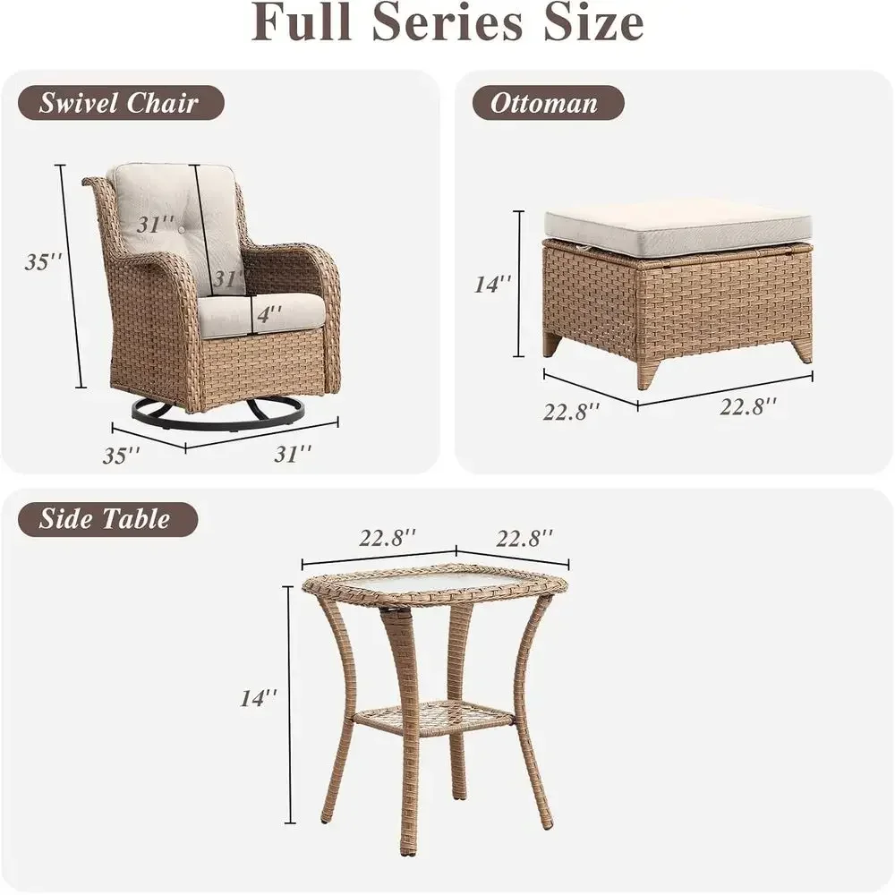 Outdoor Swivel Wicker Patio Set with Ottomans and Side Table, Perfect for Deck, Garden, Yellow/Beige Cushions