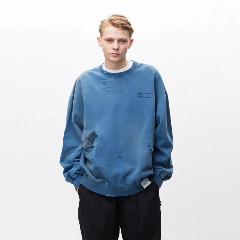 NEIGHBORHOOD SAVAGE AW24 Wax‑Washed Distressed Vintage Crew Neck Sweatshirt Loose Casual Unisex Autumn Winter Tops