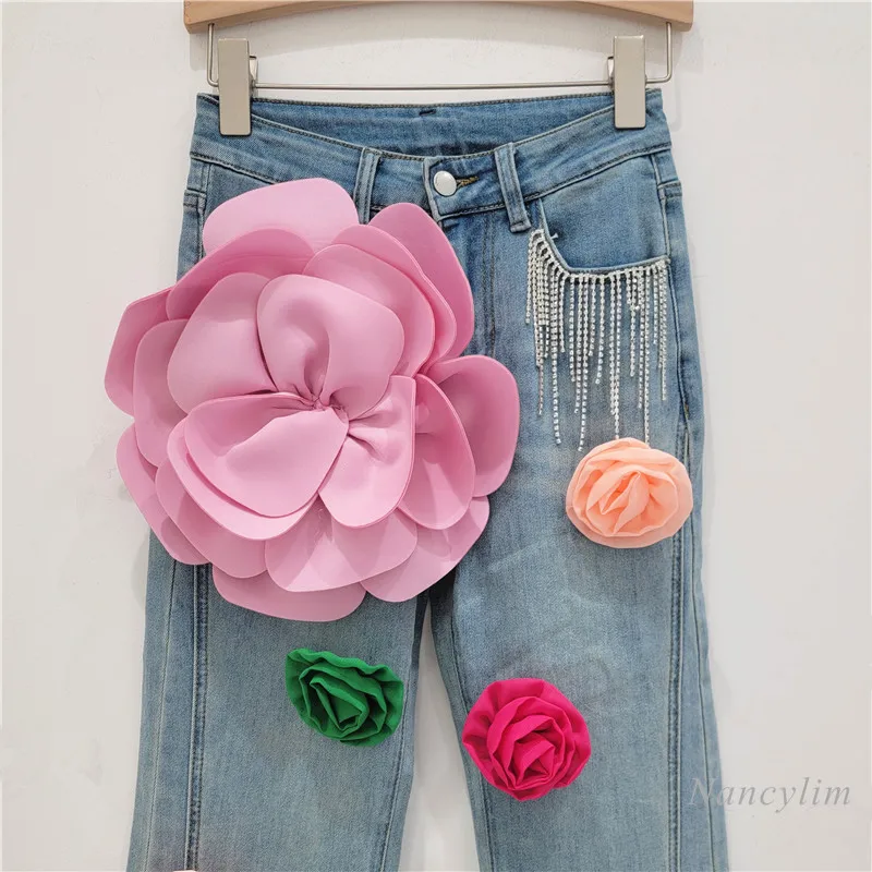 Handsome Colorful Flower Design Stretch Jeans for Women Autumn New High Waist Slim Fit Slimming Versatile Bootcut Denim Pants