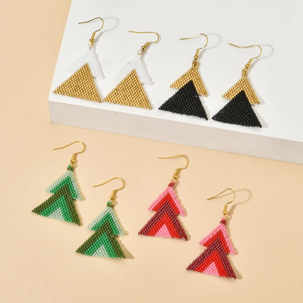 ZGMXR Rice bead earrings Tassel Geometry Gradient color Hand-woven Alloy Triangle Rainbow Fashion Bohemia Beaded earrings