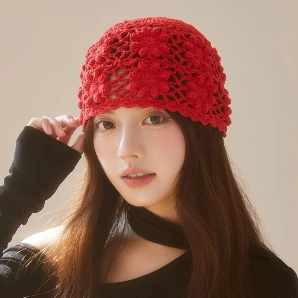 

Ins Handmade Crochet Flower Hat Weave Hollow Knit Basin Caps Sweet Women Beanies Cap Streetwear
