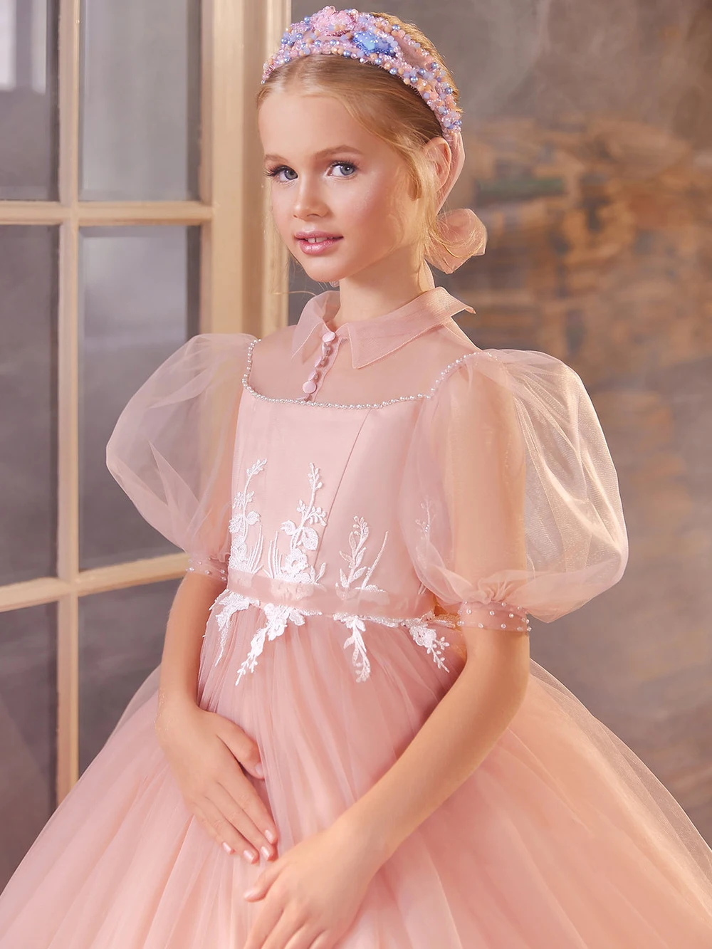 Mvozein abiti da principessa rosa Puffy Flower Girl Dress Appliques di pizzo abiti da spettacolo per ragazze bambini abbigliamento formale perline di pizzo da sposa