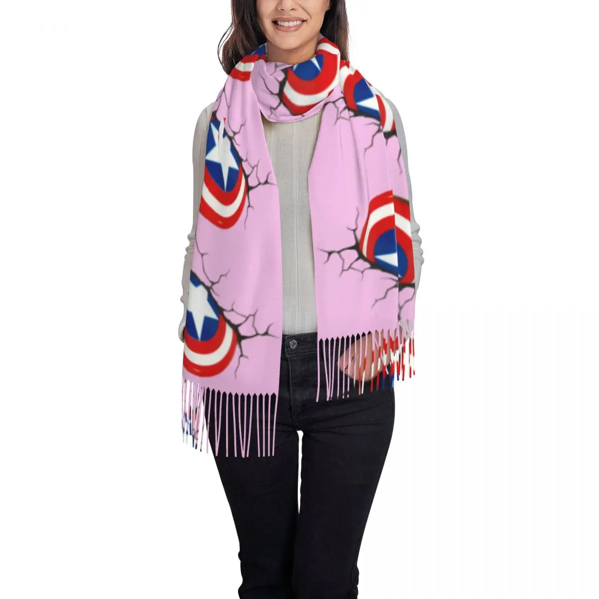 Custom Ladies Large Captain America Shield Scarves Women Winter Thick Warm Tassel Shawl Wrap Superhero Scarf