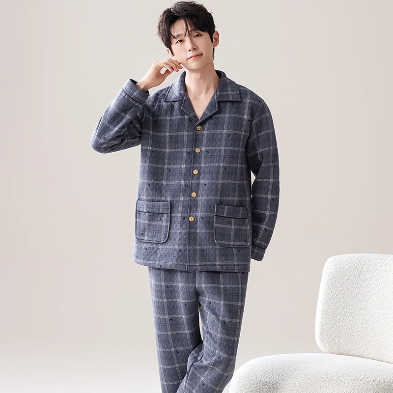 

Мужской трехслойный хлопковый пижамный комплект, тонкая стеганая пижама, мужской кардиган, комплект одежды для сна, большие ярды, L-XXXL, домашняя одежда, пижамы Hombre