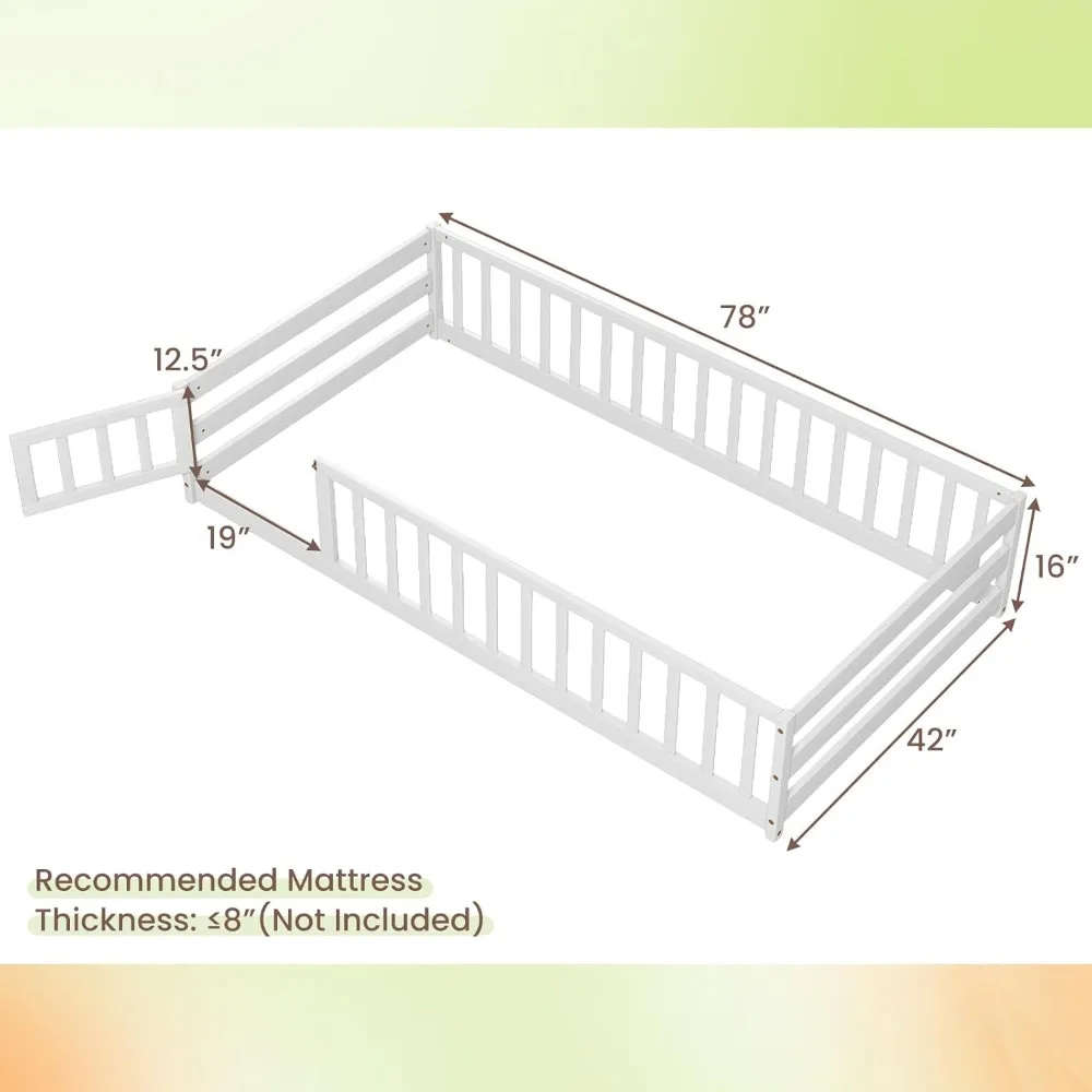 Twin-vloerbed met deur en hek, kinderhouten Montessori-bed met veiligheidsleuningen, vloerbedframe voor kinderen, jongens, meisjes