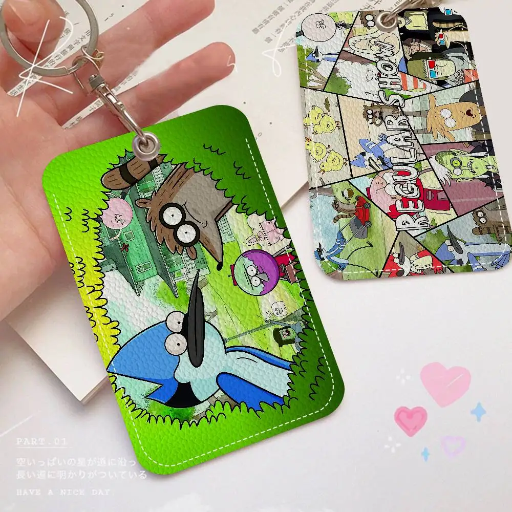 Cartoon R-Regular Show Rectangle ID Card Case Keychain Access Card Bag Key Tag Ring Leather Card Holder Key Ring Access