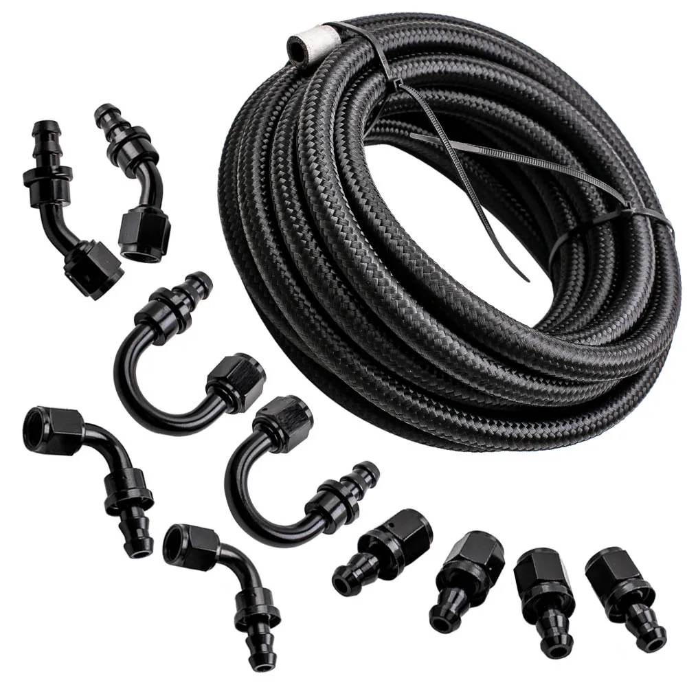 6M Nylon Stainless Steel Braided Oil Fuel Line & Fitting Hose Ends Push Lock AN6