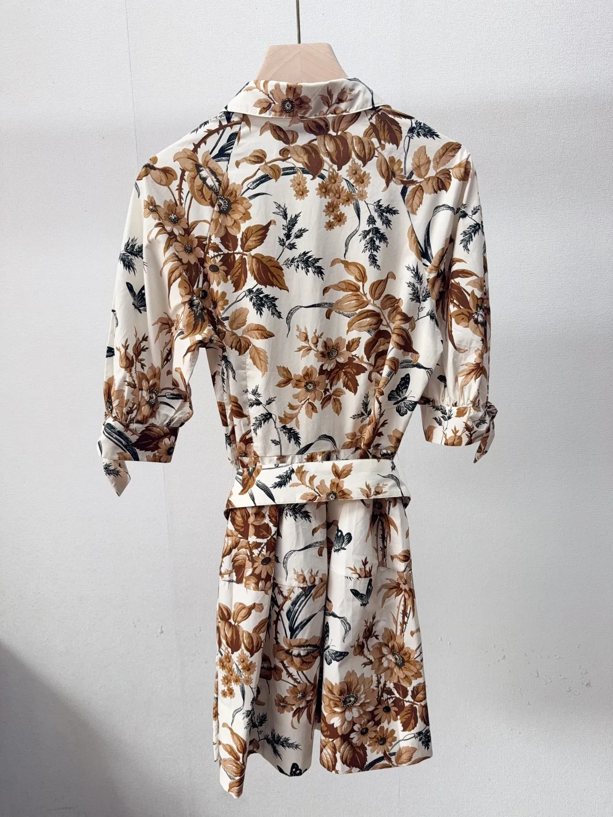 Women Floral Print Waistband Robe Turn-down Collar Single Breasted Short Sleeve Fashion Mini Dress