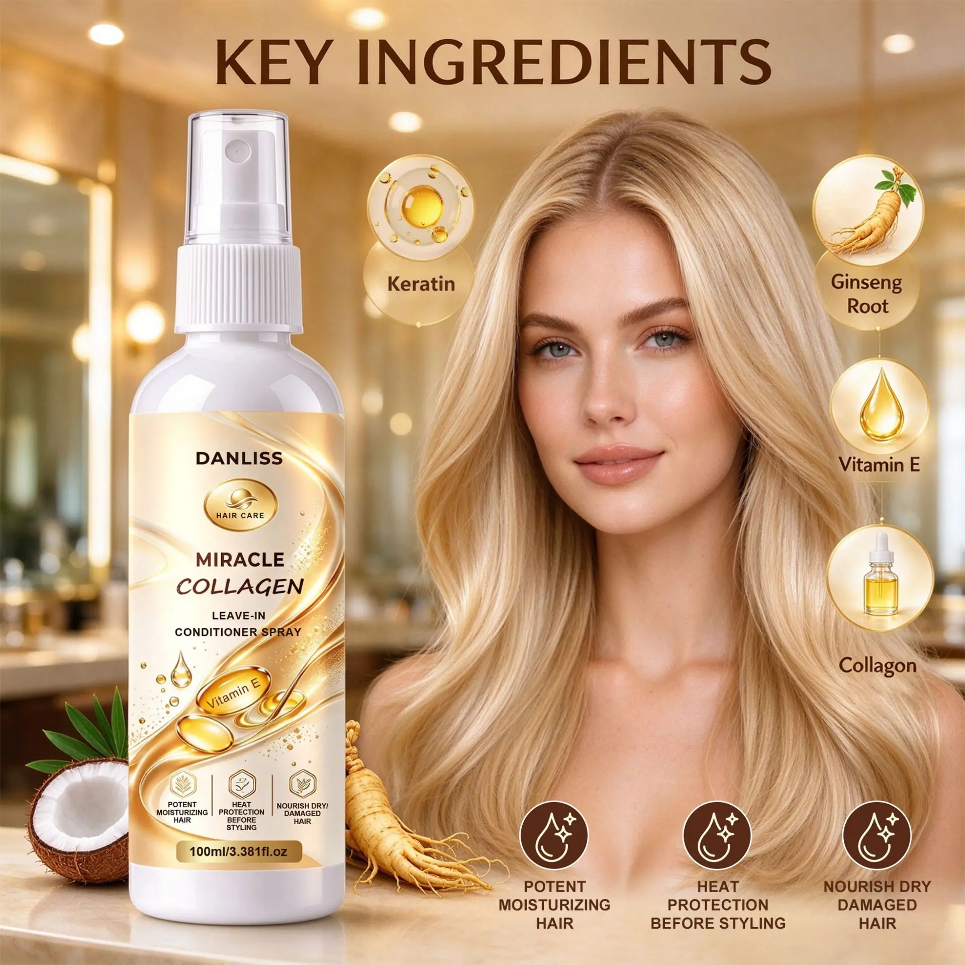 Miracle Collagen Leave-In Conditioner Spray, with Keratin, Ginseng Root, Vitamin E & Collagen, Prevent Hair Tangles.