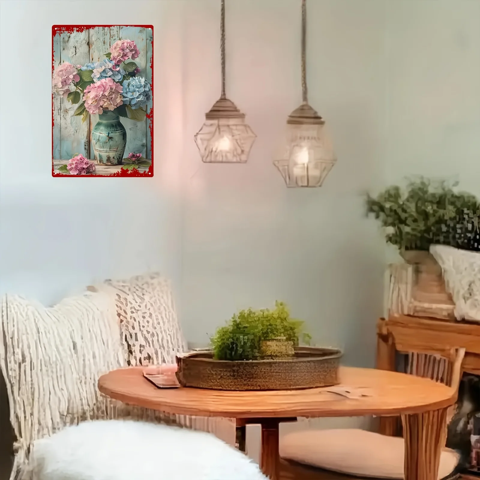 2D Flat, 1pc 2D Multi-Theme Vintage Iron Sign with Cross-Border Style Ceramic Hydrangea Embroidery Vase Decoration, 20*30cm/8*12