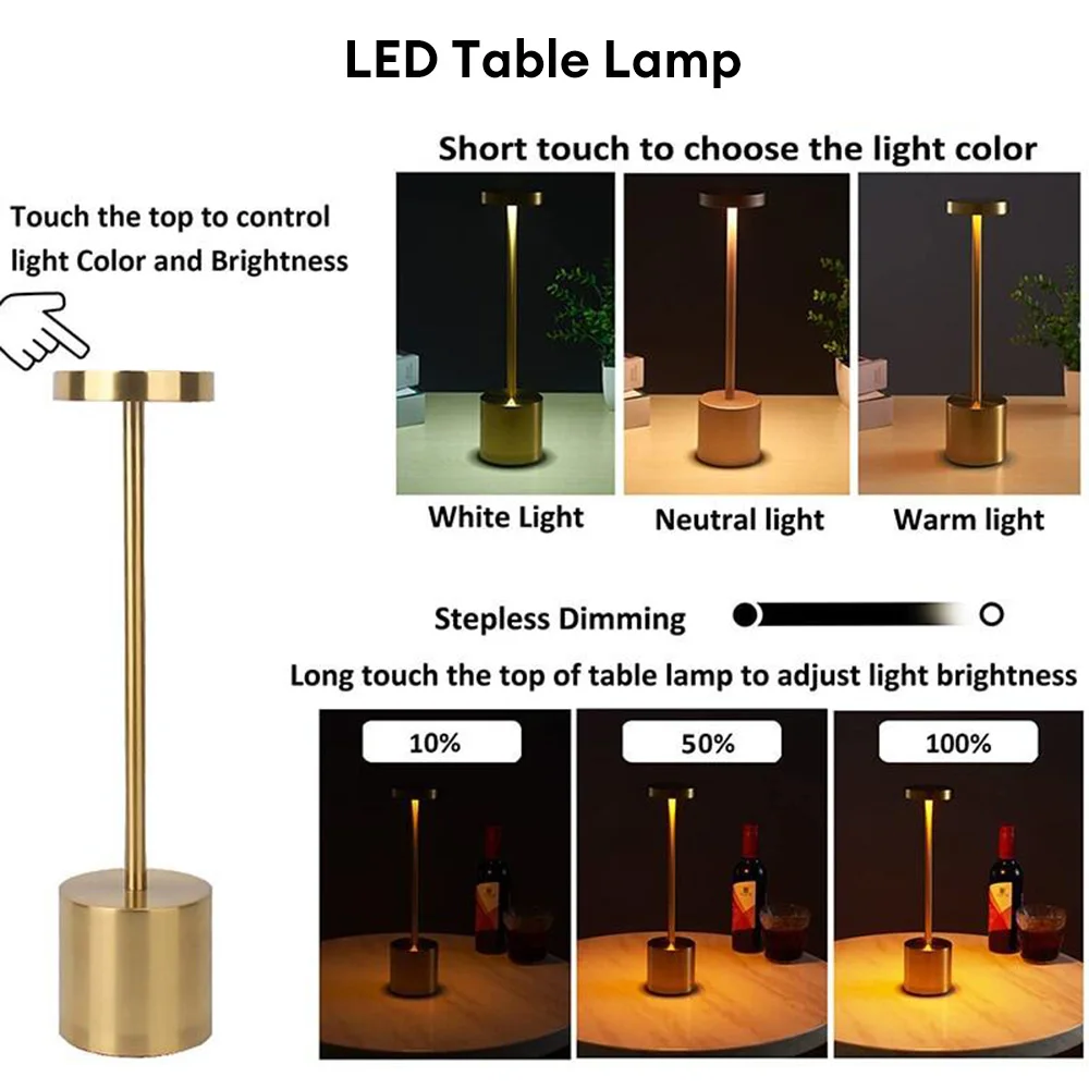 LED Table Lamp Touch Rechargeable Desk Lamp 3-Color Bedroom Bedside Reading Night Light for Bar Restaurant Home Outdoor Decor