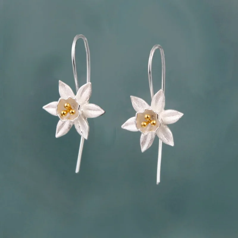 Silver Daffodil Welsh Flower Botanical Drop Earrings Jewellery for Women Teen Girls