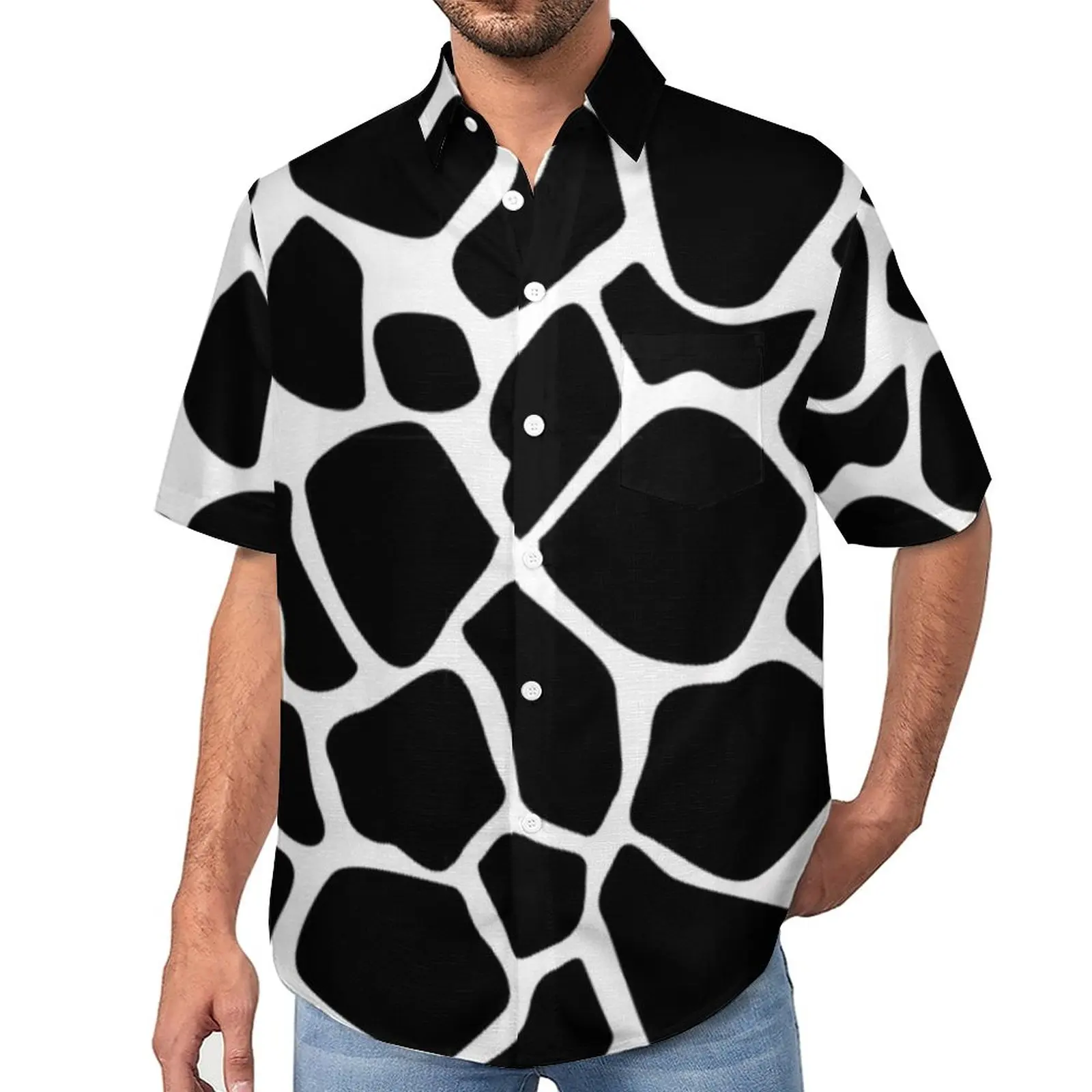 

Black And White Cow Print Casual Shirts Trendy Pattern Spots Beach Shirt Summer Novelty Blouses Male Graphic Plus Size