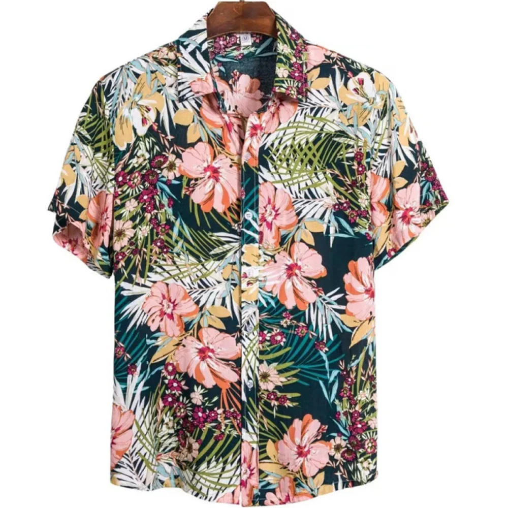 Men\'s Summer Short Sleeve Hawaiian Shirt Loose Fit Floral Print Tropical Cruise Beach Button Down Shirts Gentlemen Blouses