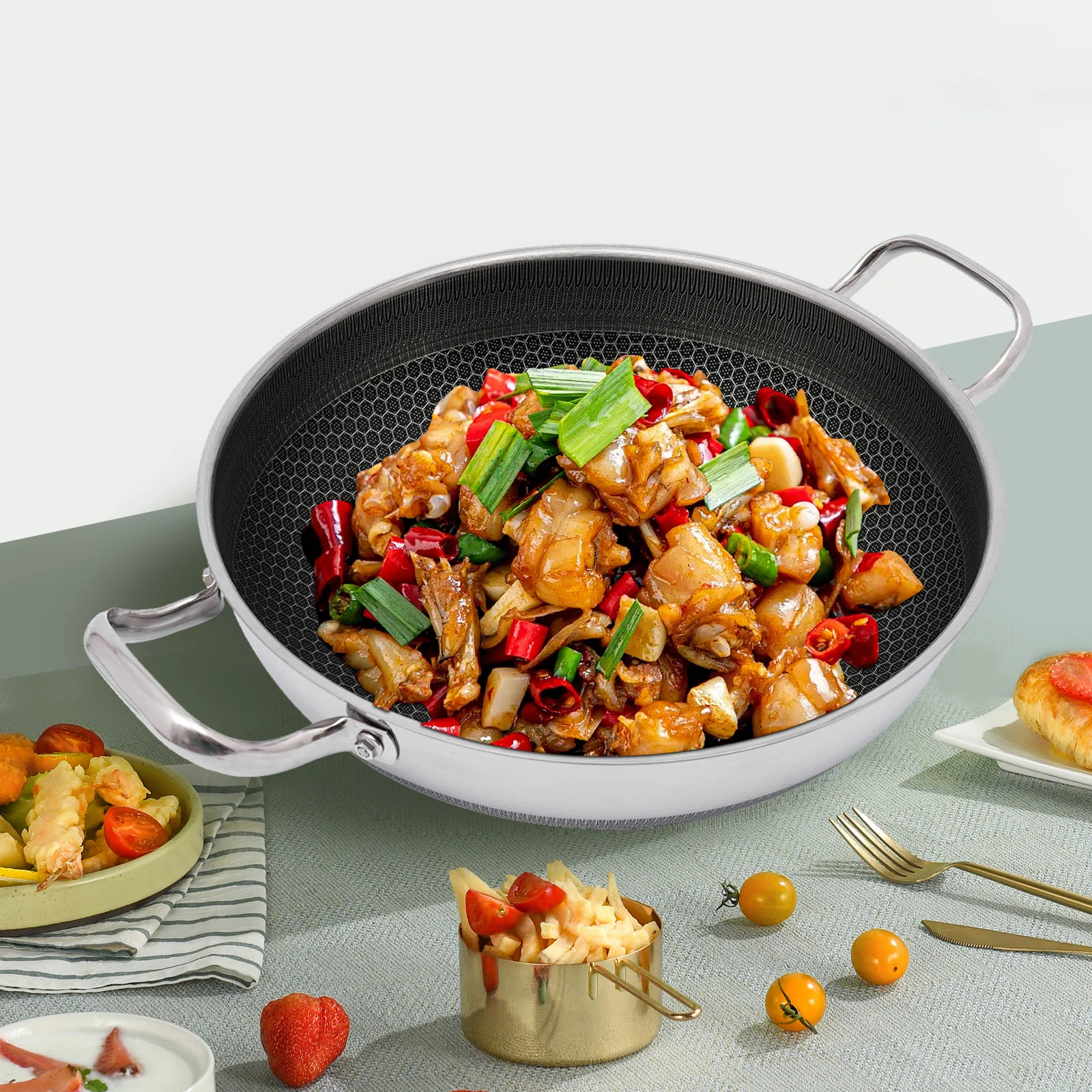 

12.59in Non Stick Frying Stainless Steel Pan with Cooking Lid and Lid-carrying Handle for Induction, Gas, Electric, Halogen