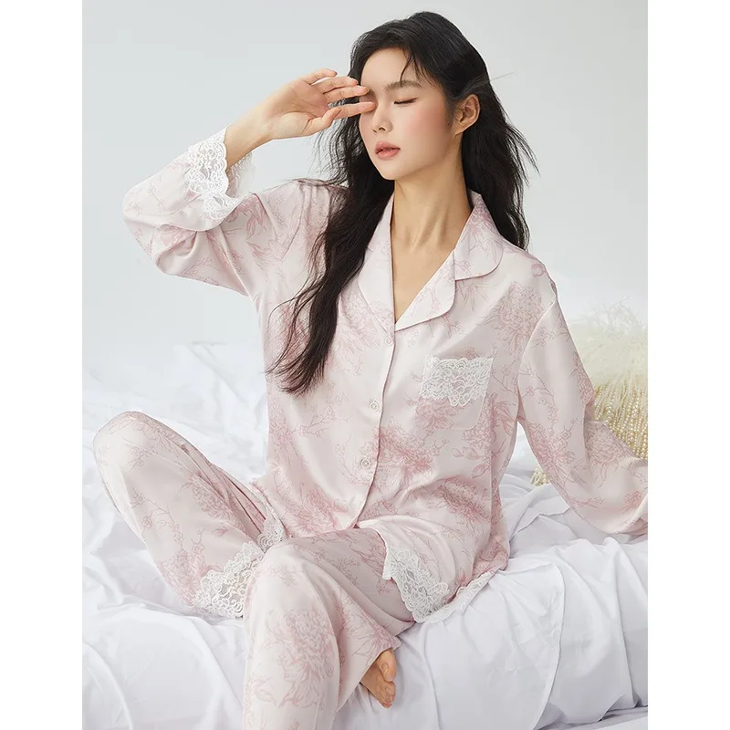 

Women's Sleepwear and Home Clothes Two-piece Set Spring and Autumn New Artificial Silk Sleepwear Women's Loose Home Clothes