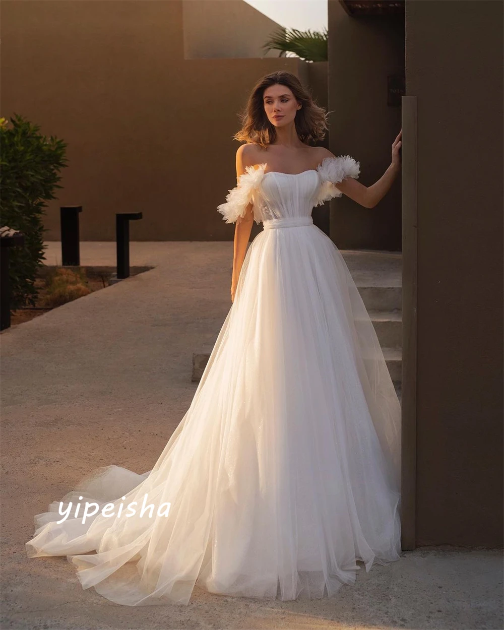 Yipeisha Fashion Sizes Available Off-the-shoulder Ball Gown Tassel Draped Floor Length Organza Evening Dresses Saudi Arabia