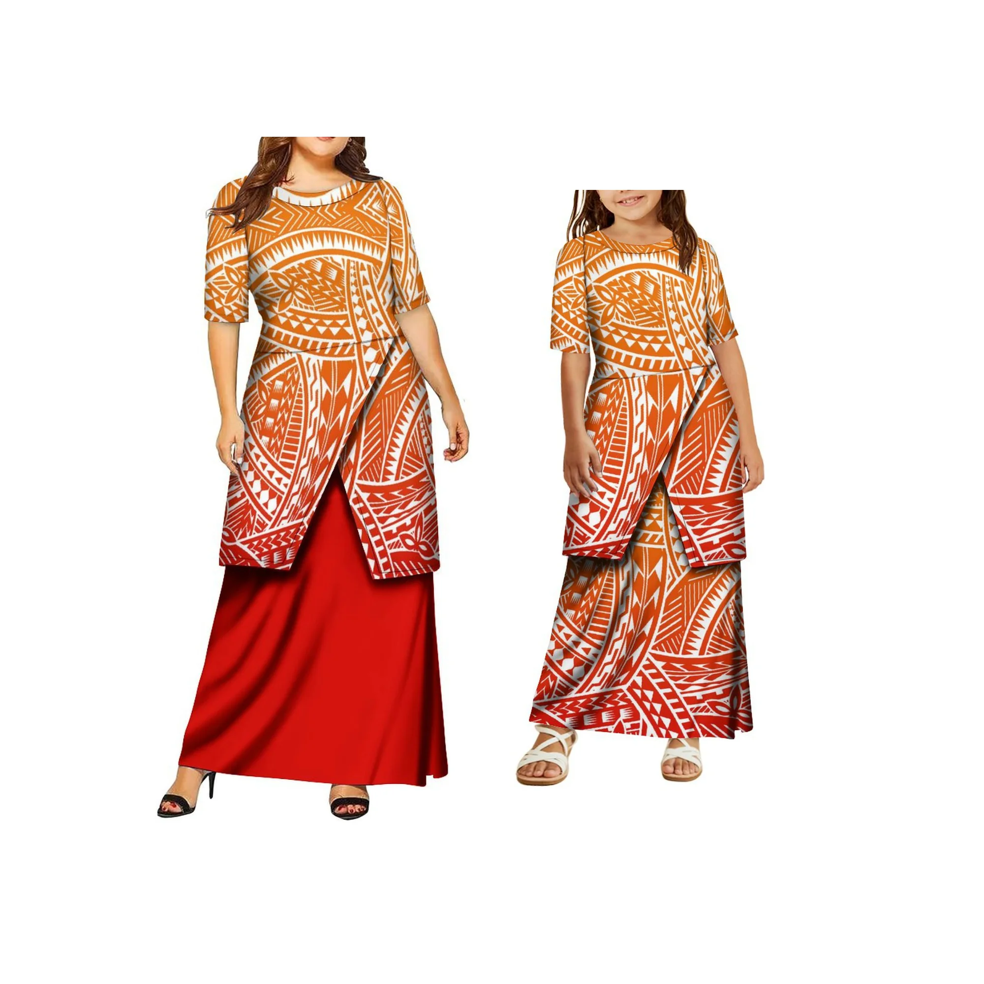 맞춤 폴리네시아 섬 디자인 엄마와 딸 O넥 사모아 풀레타시 세트 여성용 투피스 의상 세트 드레스