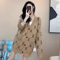 New Sweater Cardigan 2024 Autumn Winter New Fleece Knitting Coat Femme Loose Embroidered All-match Top Tee Women's Letter Tops