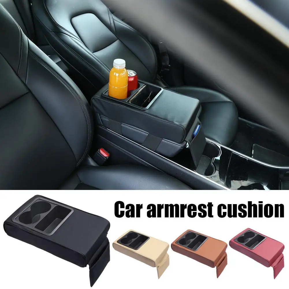 

1pc Auto Center Console Armrest Cushion With 2 Cup Cover Pad Leather Pillow Armrest Pu Portable Car Holder Height Pad Armre K5h3