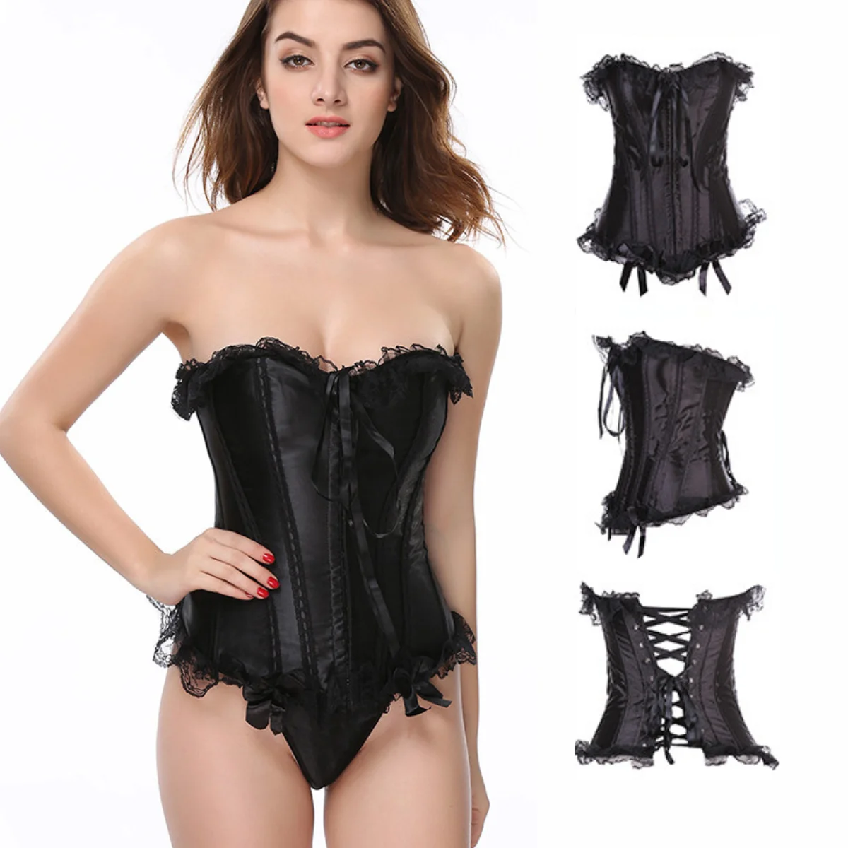 

Vintage Overbust Corset Women's Victorian Bow Lace-up Boned Bustier Shapewear Slim Waist Shaping Korset Gothic Brocade Corselet