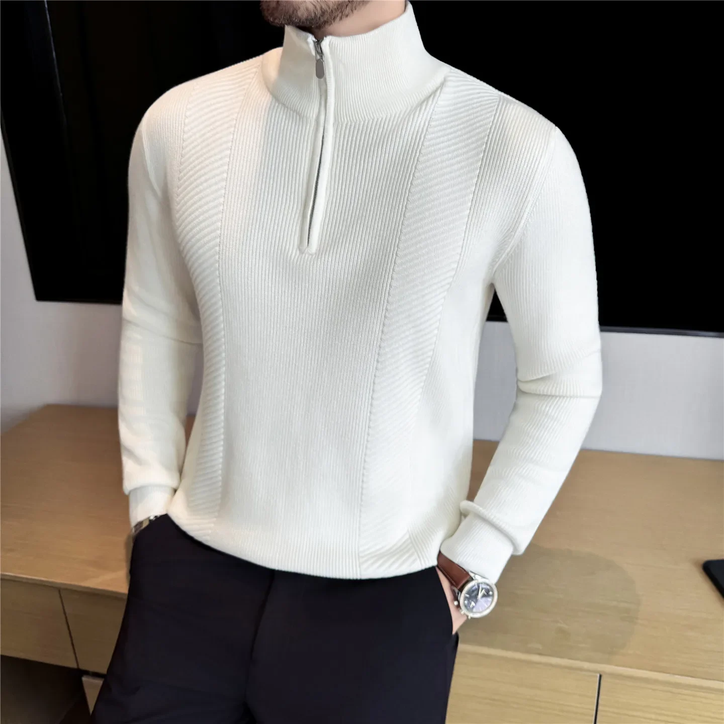 Semi-Zip Knit Sweater - White (Gray/Black)  Winter Weight Fabric Fashionable Semi-High Neck​ Daily Wear