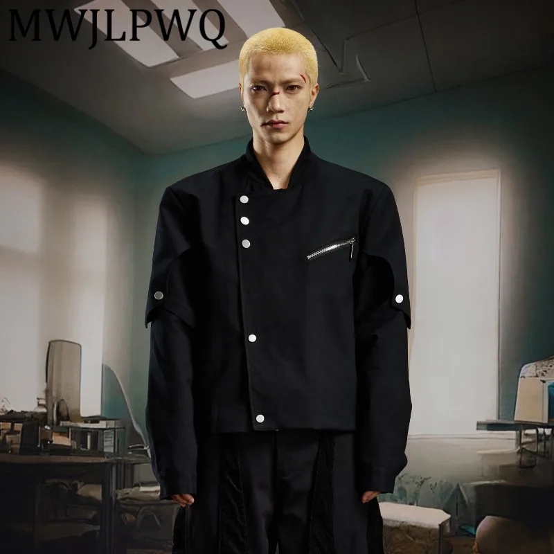 

MWJLPWQ Men's Cut Deconstructed Patchwork Baseball Collar Jacket High Street Loose New Chinese Style Short Autumn Coat 12208
