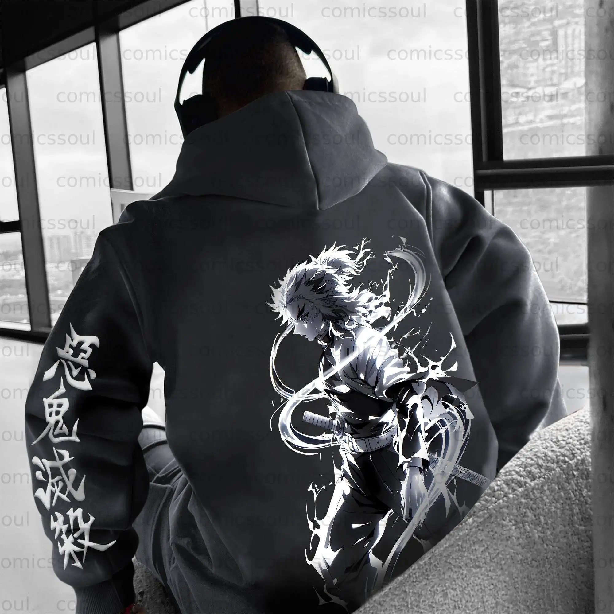 Demon Slayer Kimetsu No Yaiba Tanjiro Kamado Grey Hoodie Set Sword Character Print Cotton Tracksuit Cosplay Outfit