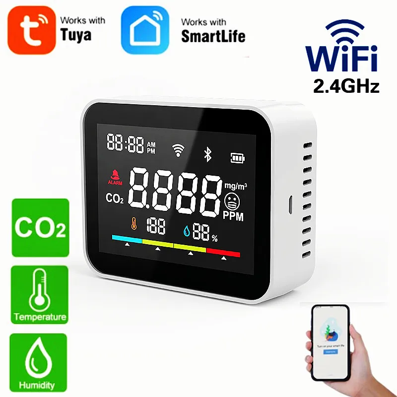 Tuya WiFi Smart CO2 Detector Smart Home Temperature Humidity Air Quality Monitor Smart Life Tuya App Alarm For Offices Kitchens