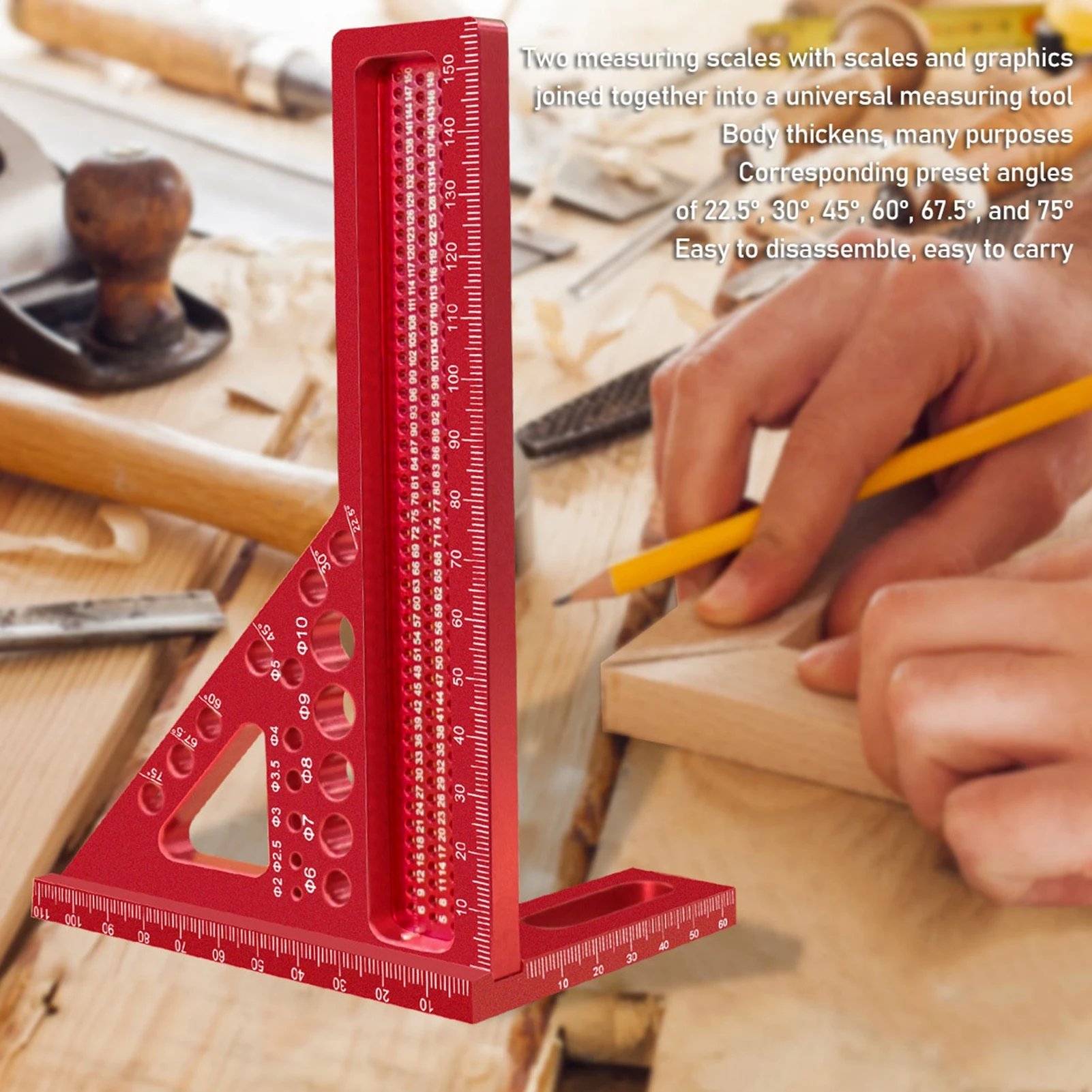 22.5-90 Degree Woodworking Square Carpenter Hole Scribing with Pin 3D Multi Angle Measuring Ruler Metric Aluminum Alloy