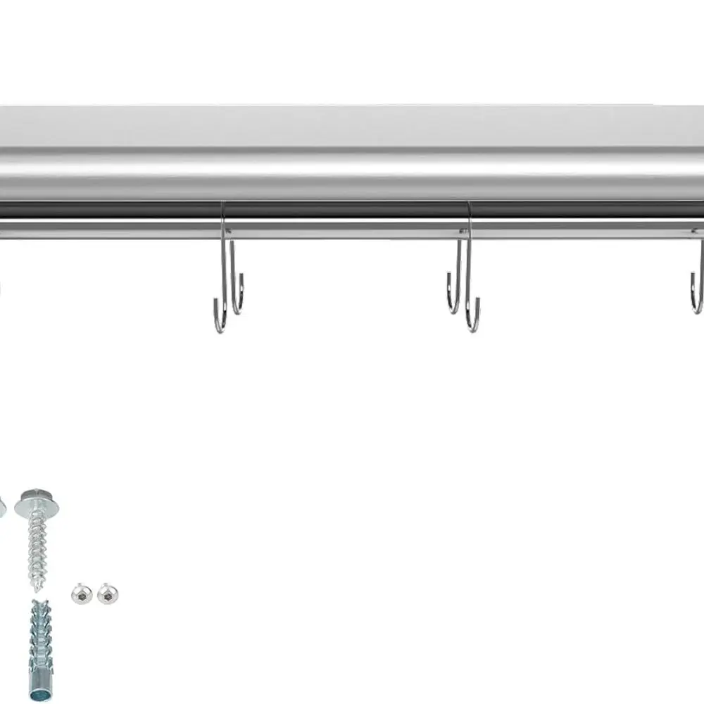 

12 Inch by 24 Inch Stainless Steel Wall Shelf with 4 Hooks for Kitchen, Bathroom, and Office Storage