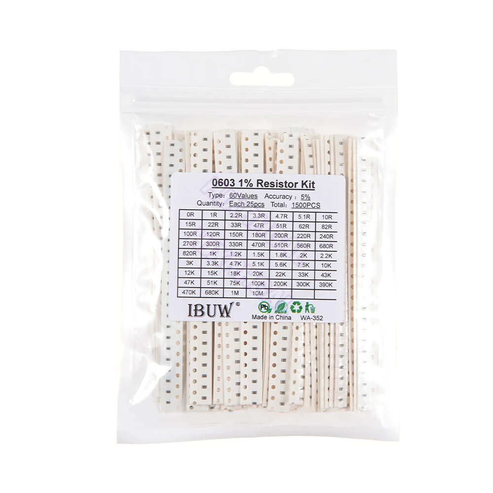 1500 Pcs SMD 0603 Resistors Assorted Set (60 Values x 25Pcs) 0ohm - 10M Ohm 1/10 Watt 1% High Precision Film Chip Resistance Kit