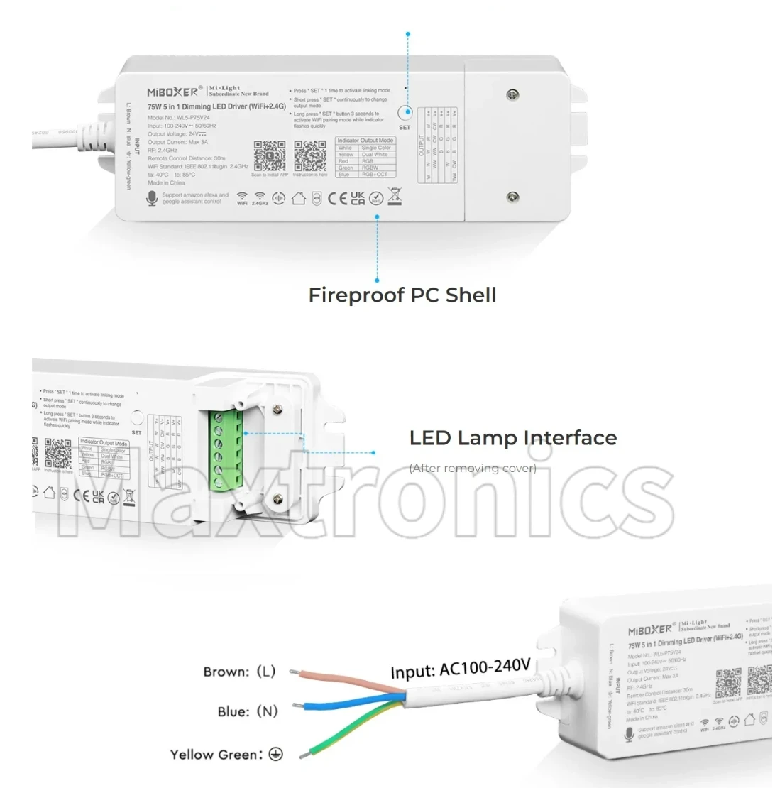 WiFi 2.4G 5 in 1 Dimming LED Driver DC24V 75W/150W Waterproof Wireless RF Control Power Single Color Dual White RGB RGBW RGB+CCT
