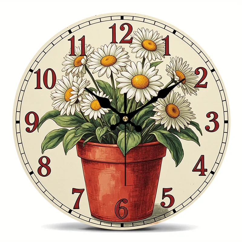 2D Flat. 1pc. Daisy Potted Plant Style Wall Clock - Silent Decorative Clock, Creative Wall Clock, Suitable for Bedroom, Living Room, Office Decoration, 20.32/25.4/30.48/35.56 cm (Excluding AA Batteries)