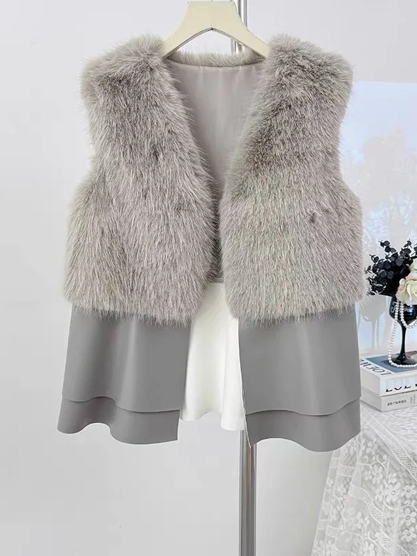 

Ele Plu Patchwork V-Ne Women's Vest Loose Versatile Outerwear Faionable Anti-Aging Premium Quali Chinese Brand