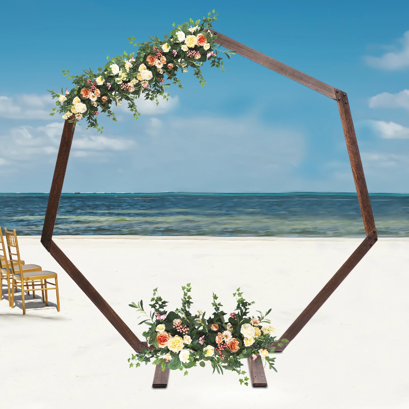 Retro 7.2FT Heptagonal Wood Wedding Arch Polished Backdrop Flower Frame Stand Background Prop For Garden Party Rustic Style