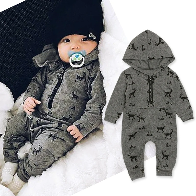 

Christmas Infant Baby Boys Girls Long Sleeve Elk Printing Hooded Jumpsuit Newborn Kids Baby Boys Girls Clothes Rompers