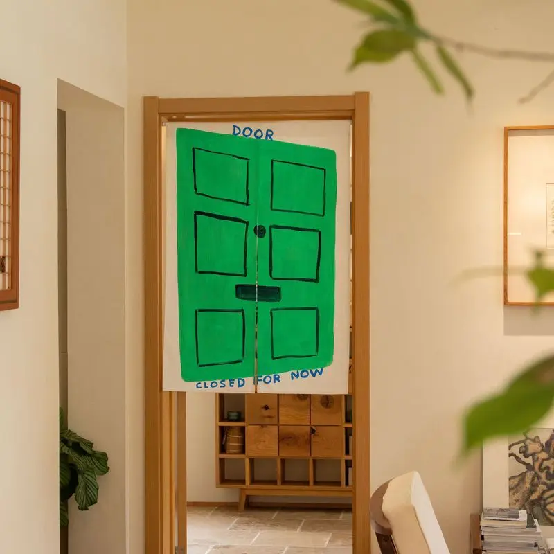 VIKAMA Hand Drawn Green Door Noren Door Curtain Creative Letter Print Partition Curtain Shop Home Entrance Decor