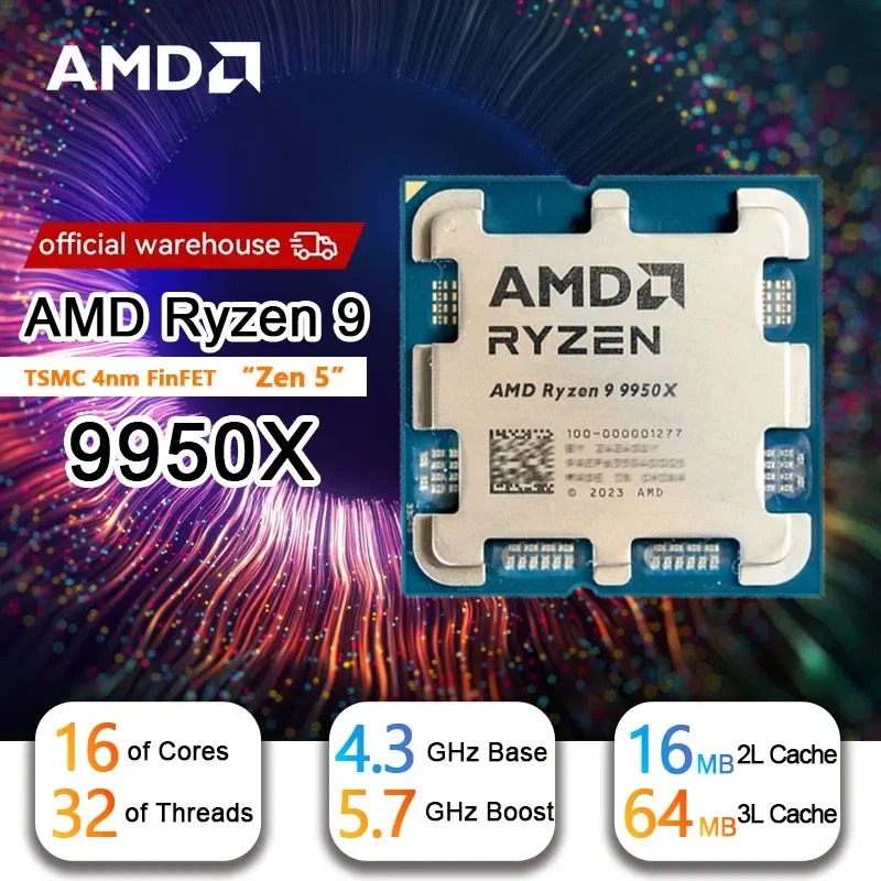 AMD Ryzen 9 9950X New R9 9950X Processor 5.7GHz 16-Core 32-Thread 80MB Game Cache 4NM TDP 170W Socket AM5 Gaming CPU Zen 5