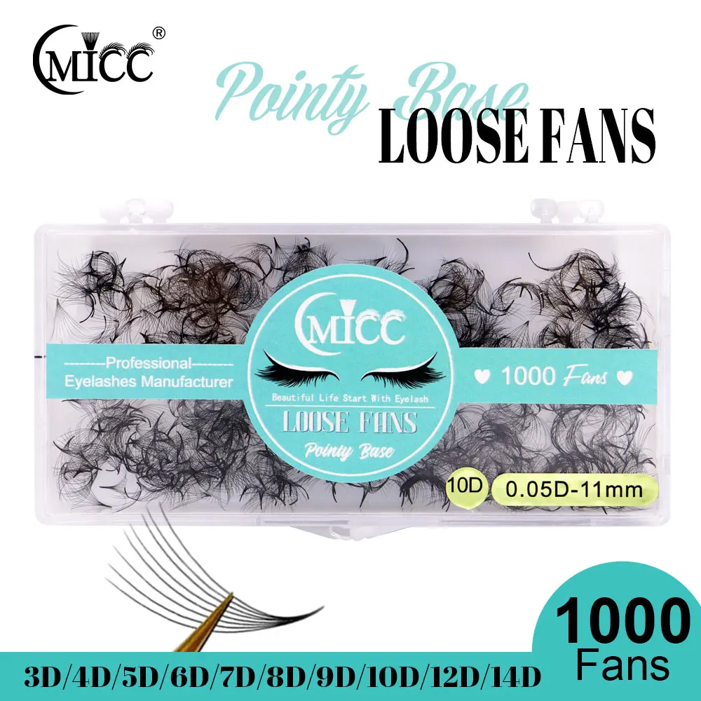 CMICC 1000 Vorgefertigte 3D-14D Volumen-Wimpernverlängerungen, lose Fans, dünner, spitzer Ansatz, schmal, scharf, Russland-Volumen-Wimpernverlängerung