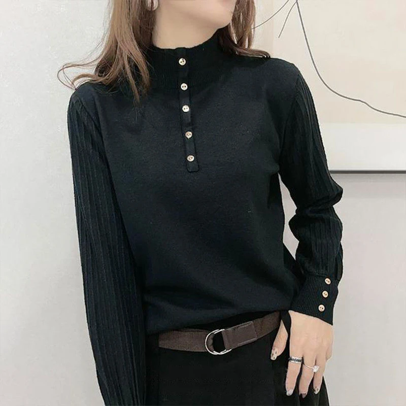 Otoño Invierno medio cuello alto elegante moda sólido suéter de fondo femenino linterna manga tejido Jersey suelto Top