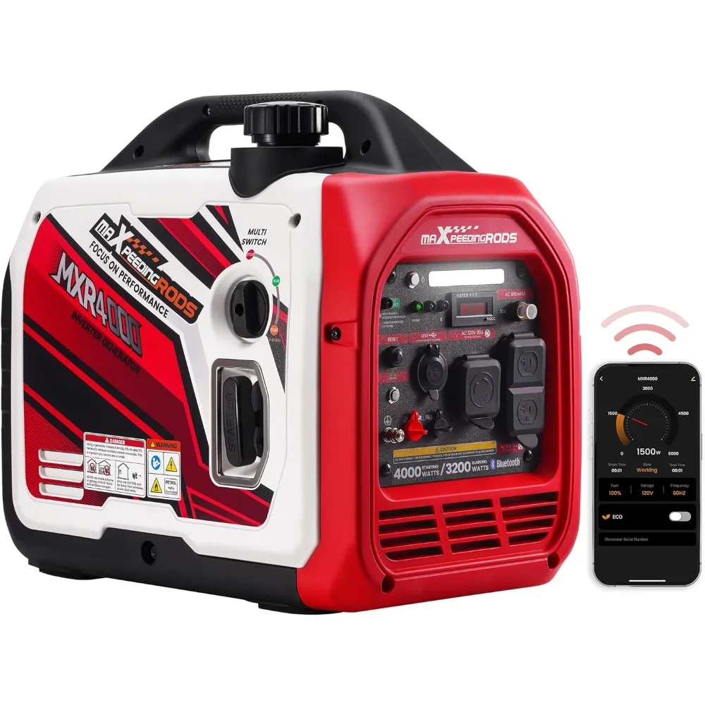 

4000 Watt Inverter Generator Portable, Bluetooth® App Remote Data Monitor, RV Ready, Gas Powered Generator with CO Alarm for