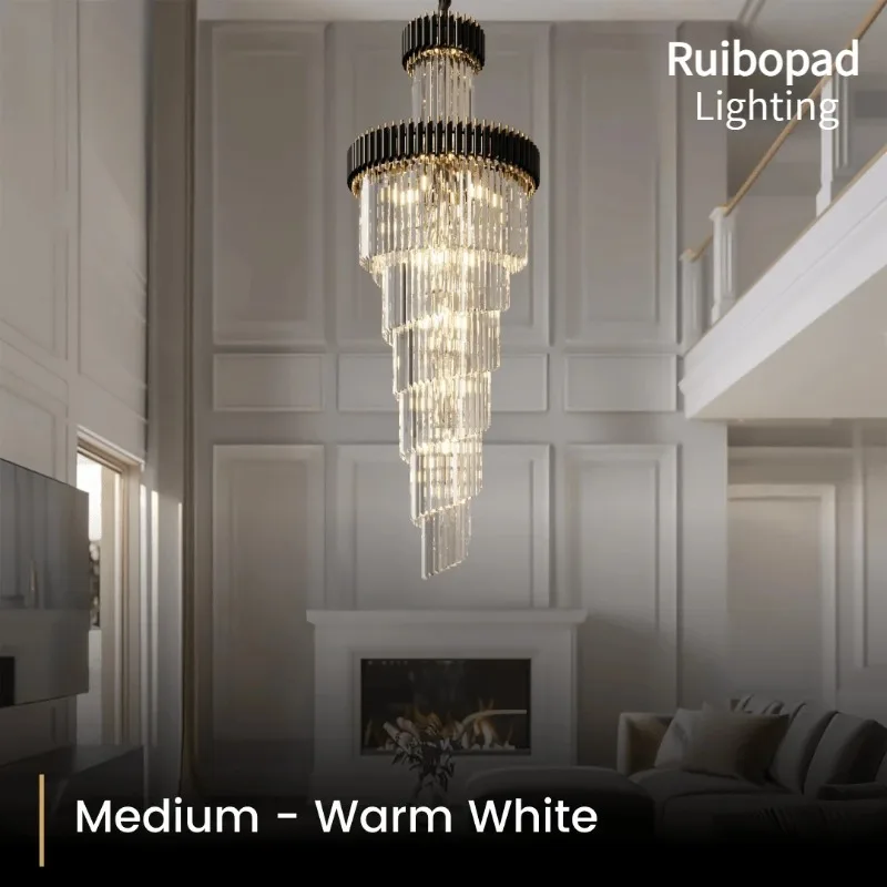 

American Design Luxury Crystal Chandelier LED Villa Living Room Duplex Building High-end Spiral Staircase Ceiling Hanging Lamps