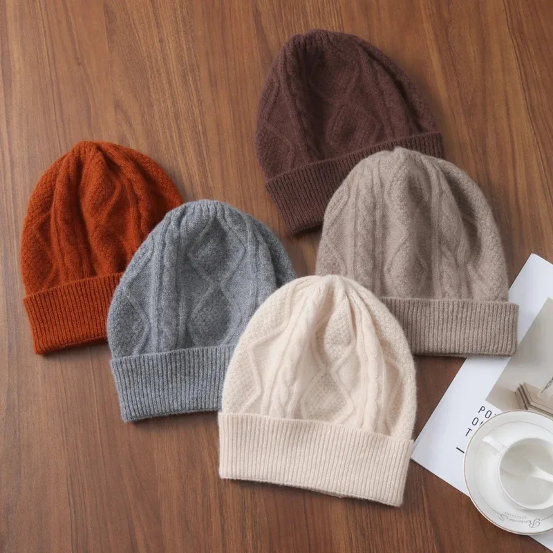 

100% Merino Wool Winter Knitted Hat for Women with Rhombus Pattern, Warm Soft Wool Beanies, Hiphop Street Bonnet Skullies