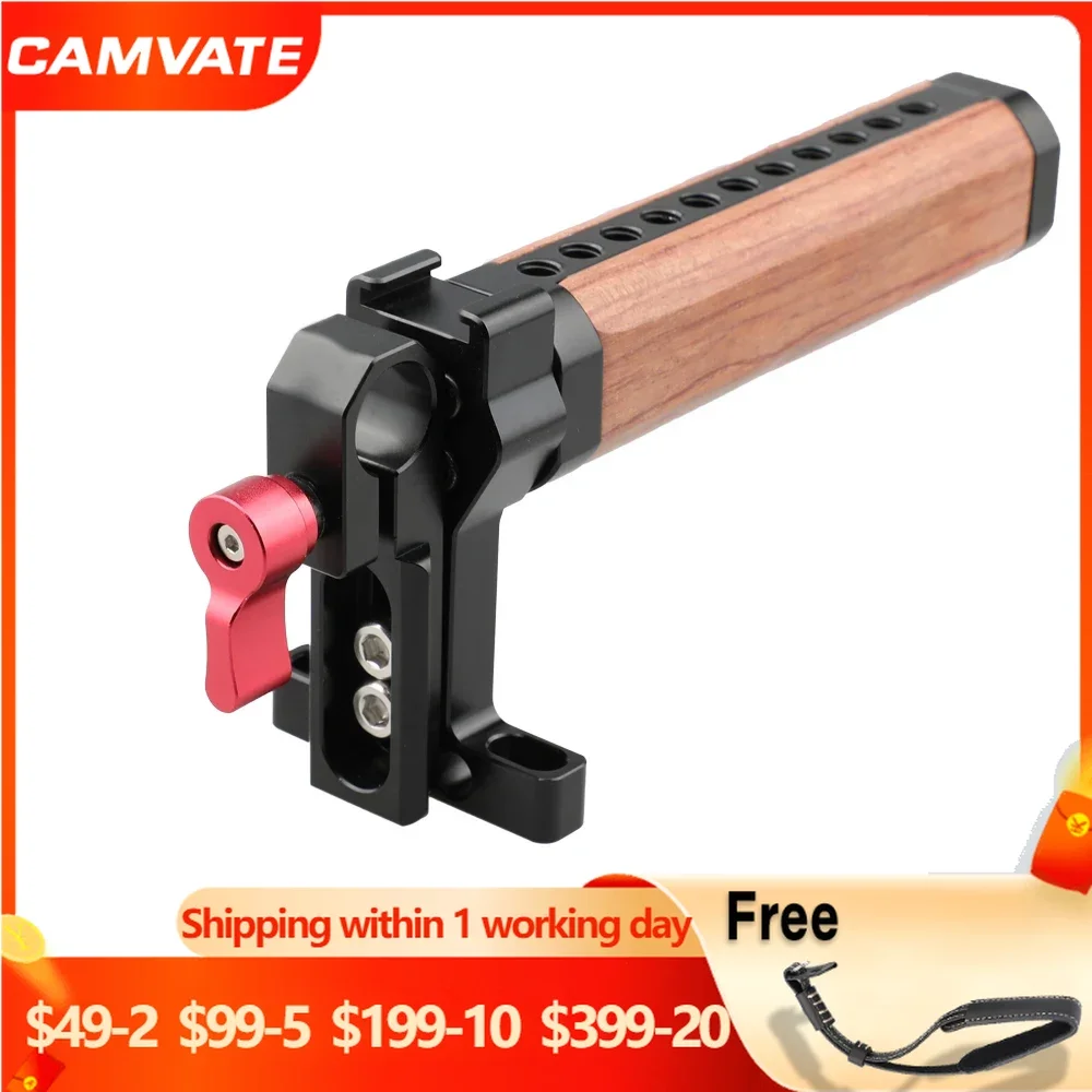 

CAMVATE Wooden Top Cheese Handle With 15mm Single Rod Clamp & Nato Safety Rail & Cold Shoe Mount For DSLR Camera Cage Rig System