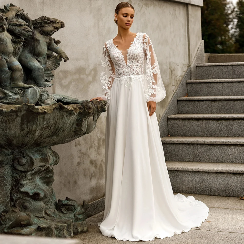 

Bohemian Jersey A-line Wedding Dress for Brides 2024 V-neck Court Train Appliques Lace Long Sleeves Bridal Gowns Custom Made