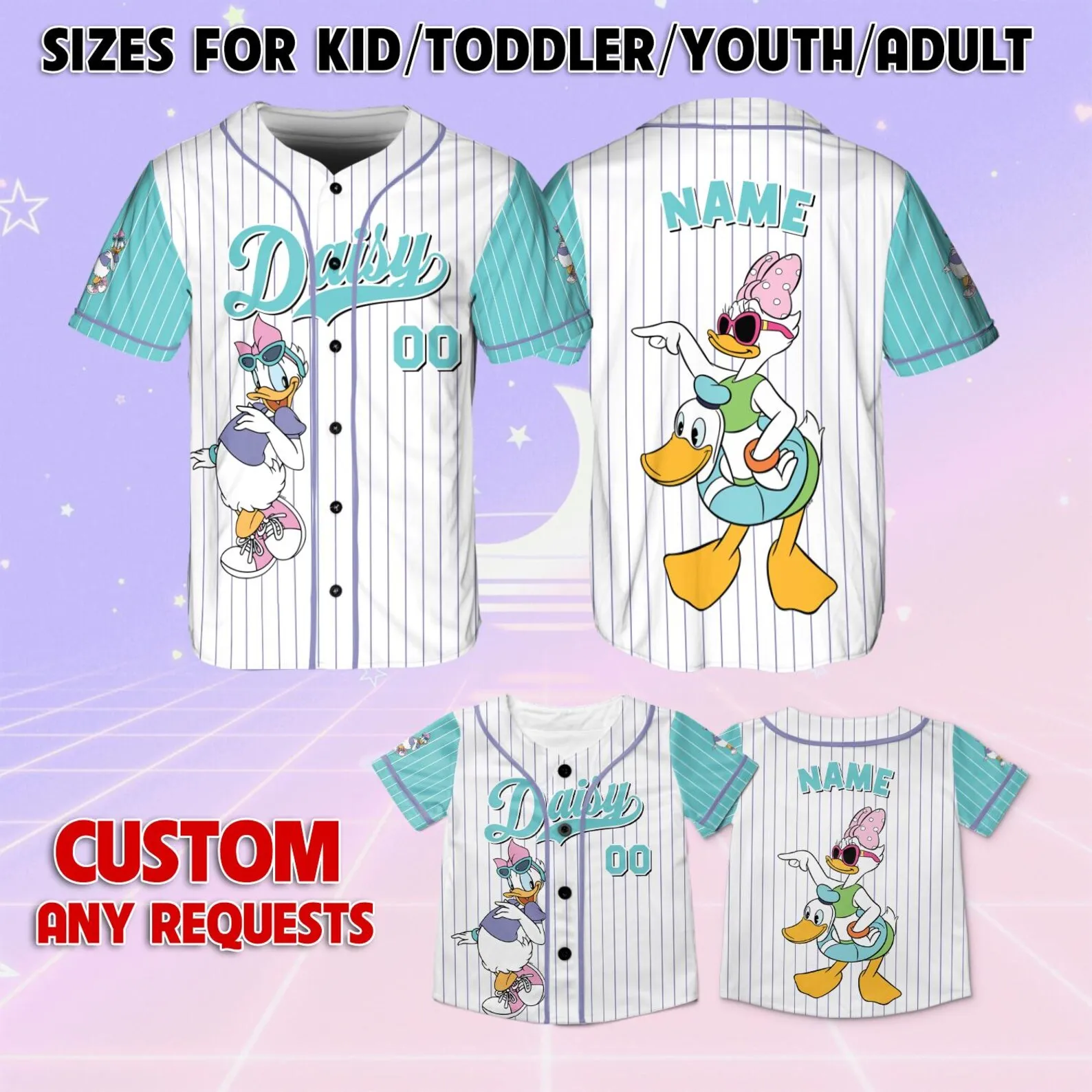 

Custom Donald Duck Daisy Duck Disney Characters Customized Children Youth Adult Disney Baseball Jersey Gift for Disney Fans